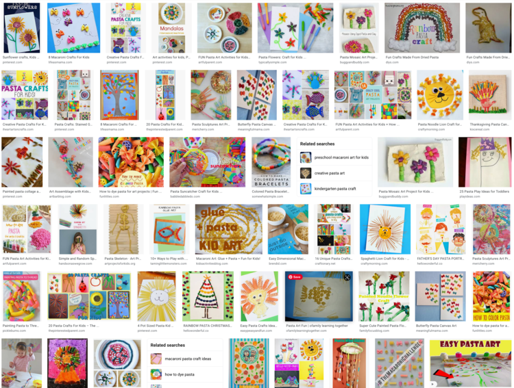 Image shows many photos of art using pasta.