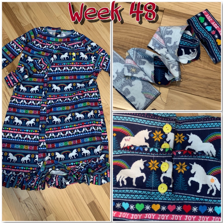 The image is a collage of three photos with the text saying "week 48" centered at the top. The left image shows both dresses laid out on the ground. The rightmost images shows the sewn cuffs, top, and a closeup of the back with the buttons and added fabric marker cutie marks. 