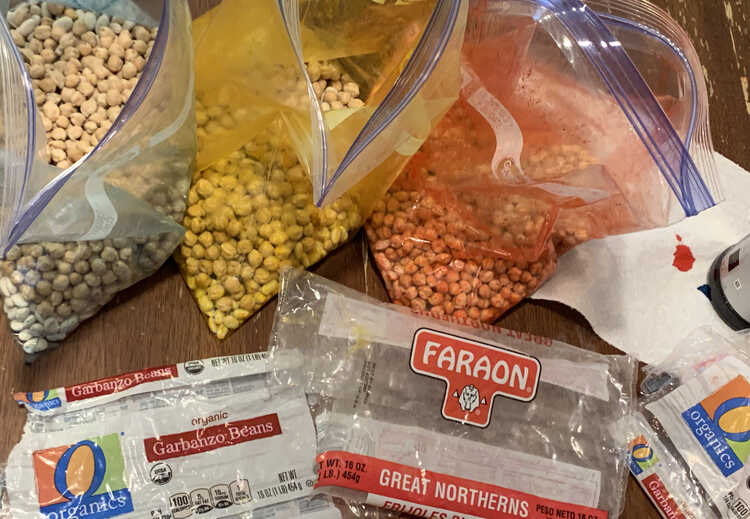 Image shows three large freezer bags dyed blue, yellow, and red containing white beans. Below them lay the emptied plastic bags and to the right is a sheet of paper towel with a bottle of red food dye on it. 