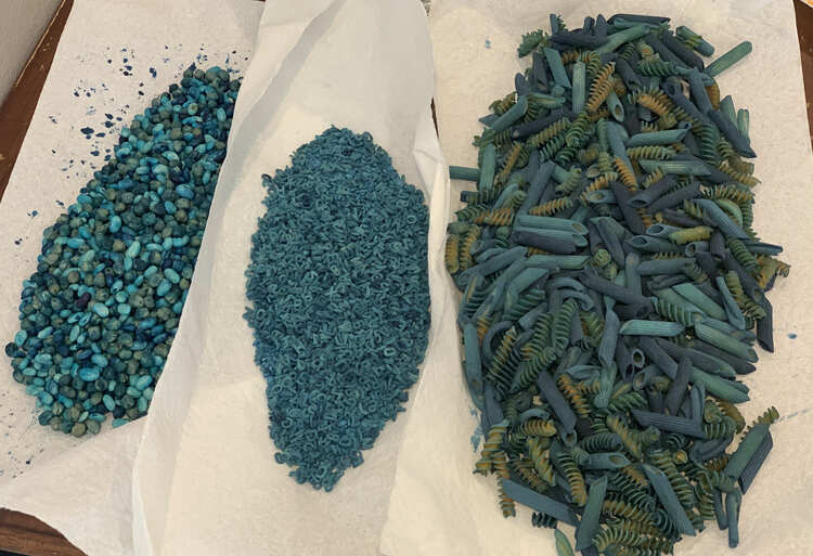 Image shows three piles of blue sensory material laid out on overlapping paper towel. From the left to right it's a mix of large pasta, rice with alphabet pasta, and two types of beans. 