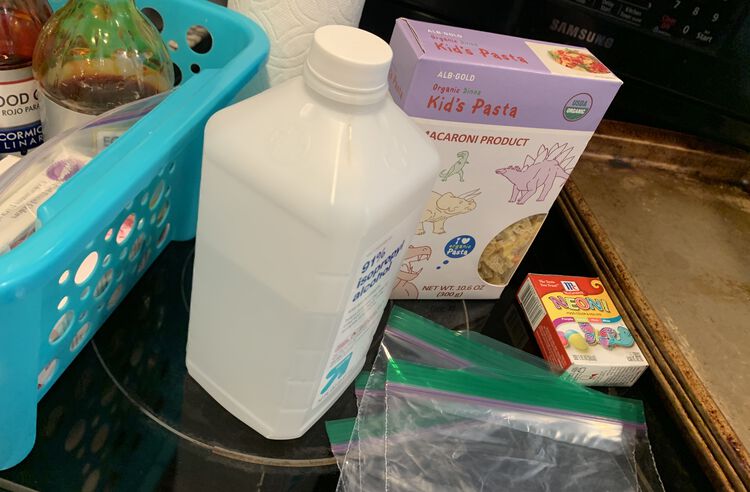 Image shows the supplies needed sitting on the stovetop. The supplies shown are also listed in the caption.
