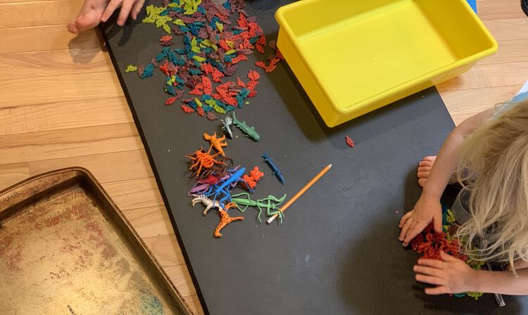 Image shows the girls sitting on either end of a Pilates mat with their portion of the dyed pasta. The slightly dyed cookie sheet is off to the side. 