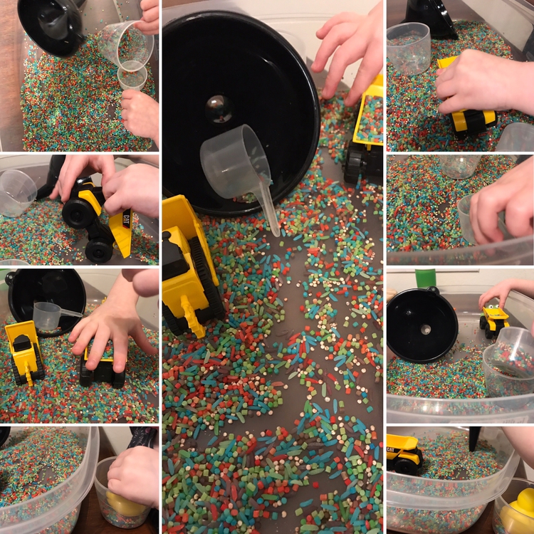 Image shows a collage of seven images all showing colorful small pastas in a clean plastic container with a funnel, scoop, and two construction vehicles. 