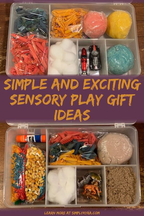 Image is a pinterest-themed pinnable image showing two sensory bins filled with sensory materials. Between the images is a title, subtext "with links to expand your idea", and my main URL. 