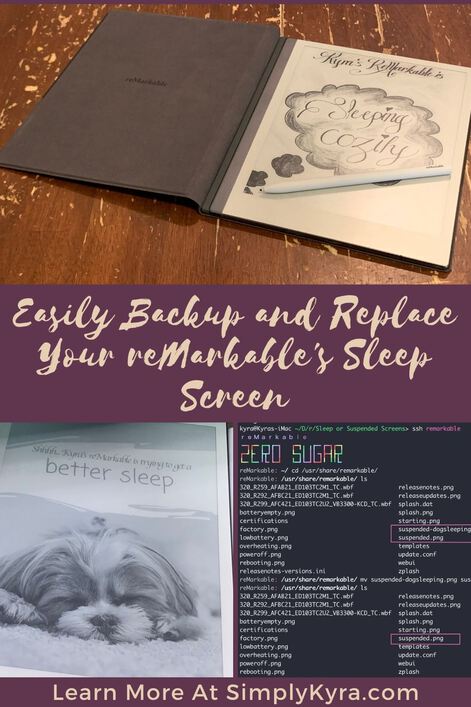 Pinterest geared image showing the blog's title and the main URL of the website. On it there's also three images. The top image shows an opened folio displaying a reMarkable with a hand drawn sleep screen image. Below tow other images sit side by side. The left image shows a closeup of a different sleep screen and the right image shows screenshot of a terminal with the reMarkable's contents displayed. All images can be found below.