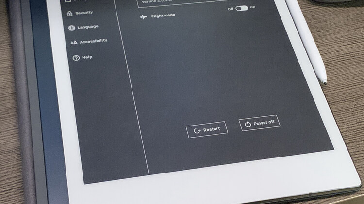Image shows the bottom two thirds of the reMarkable2 after the settings button has been clicked.