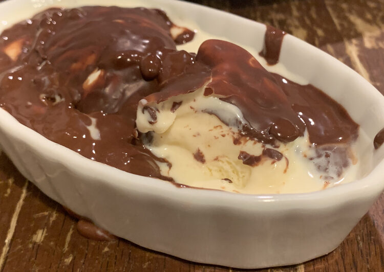 Image shows a closeup of my dish of ice cream and chocolate shell. I love how as the ice cream melts under the shell you're left with an overhang. 