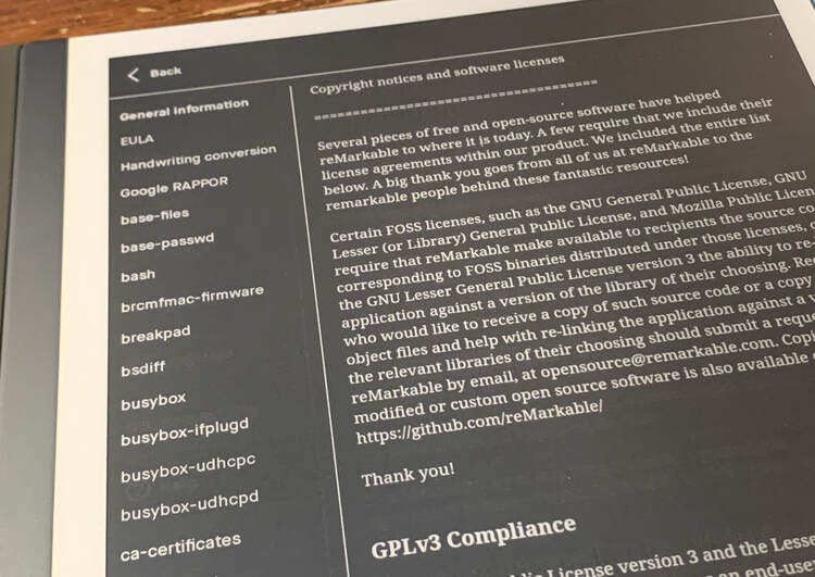 Image shows the paragraphs explaining the copyright notices and software licenses. At the bottom of the photo you can see the "GPLv3 Compliance" header that you need to scroll down for.