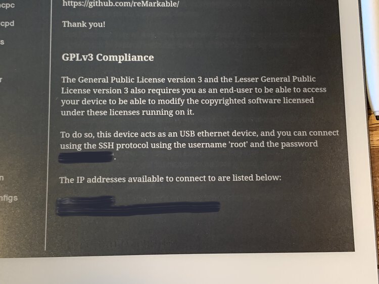 Image is a photo of my reMarkable showing the GPLv3 Compliance along with my username and blanked out password and IP addresses.  