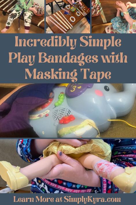 Pinterest geared image showing several photos from the blog posts, all shown below, along with the blog title and my main URL. Specifically the images shows the masking tape on a bench being decorated (three images along the top) and as bandages on a plastic toy (two stacked images below). 