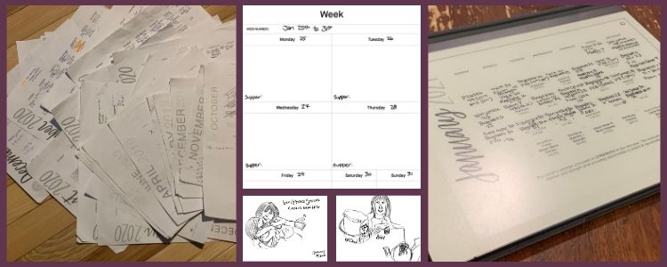 Image shows a collage of four photos or reMarkable PNG exports. The outer two photos shows the pile of printed workout calendars from October 2018 until December 202 while the right image shows January 2021's calendar on the reMarkable partially filled in. In the center you can see next week's mostly emptied calendar layout and, at the bottom, two really mediocre sketches. 