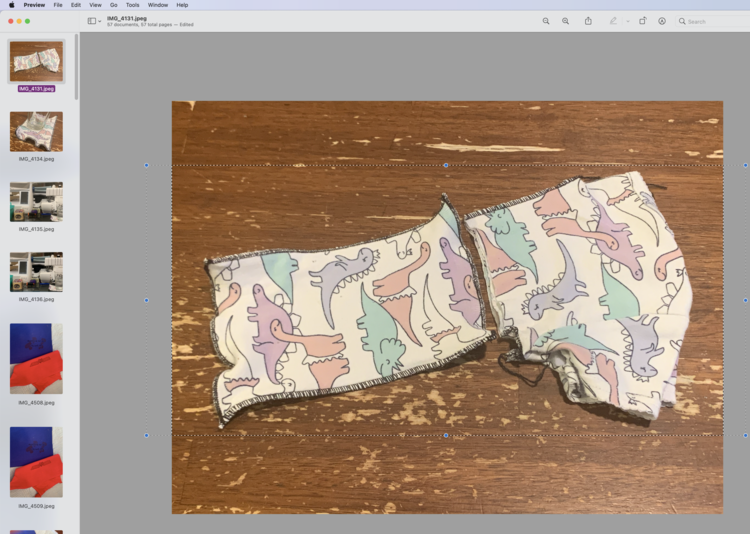 Image shows the Preview application showing an image of a folded cut child's shirt to make a coaster. To the left you can see the first six of the rest of the images I opened. 