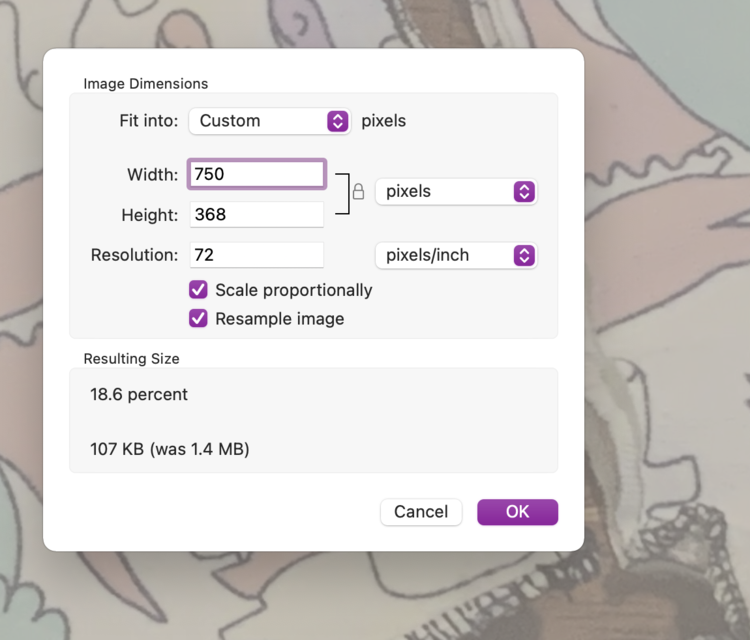 Image again shows the same popup window but this time the purple encircled width field says 750 and the height below says 368. 