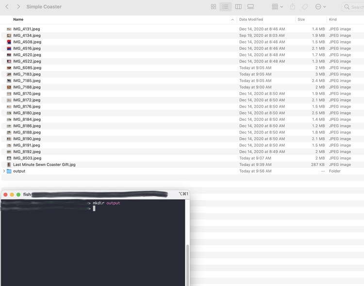 Image shows the opened folder with all the coaster images along with a directory named "output". At the bottom a terminal is open with the completed command saying "mkdir output".