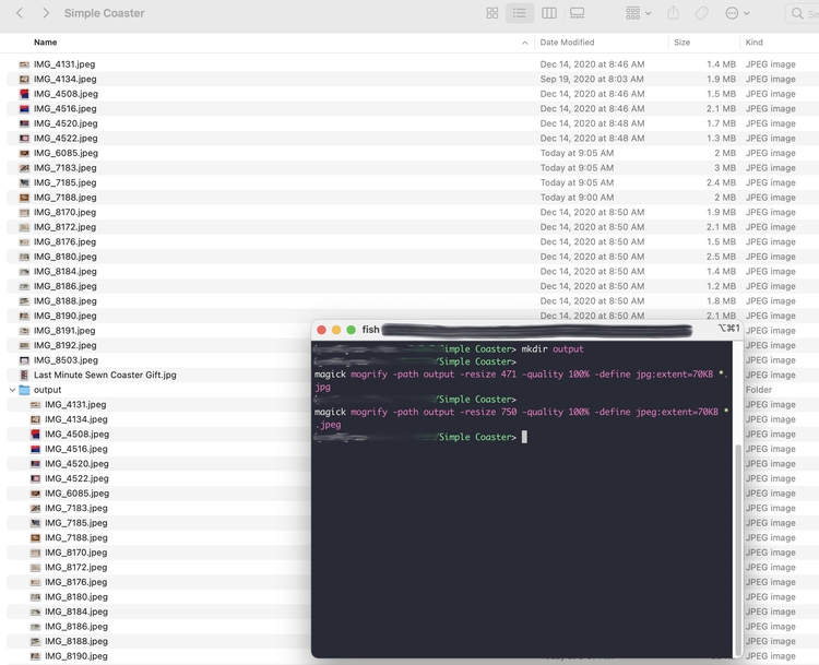 Image shows the directory containing the coaster images again. This time there's more files within the output directory as, you can see in the terminal to the right, the "mogrify" command was run twice so all the images were resized and compressed. 