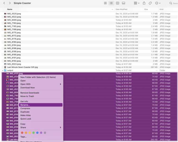 Image shows the opened "output" directory with all the images within selected and highlighted in purple. There's an open menu in the center with the line "Rename..." also highlighted. 