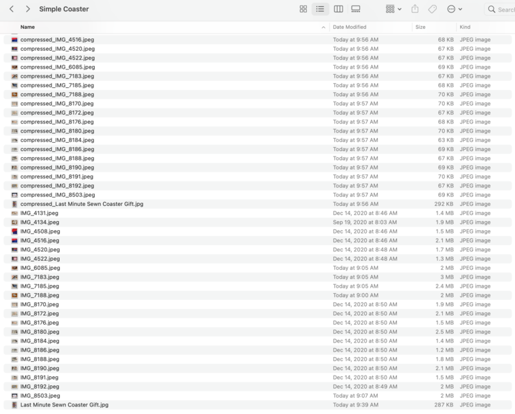 Image shows the "Simple Coaster" directory with all of the original images (MB large) and the newly created compressed images (under 70KB).