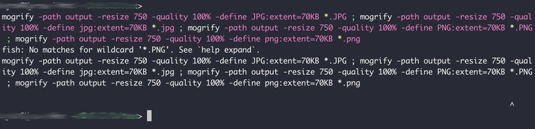 Image shows a screenshot of my terminal window after running that multi-command line. This also shows the errors when a specific filetype wasn't found.