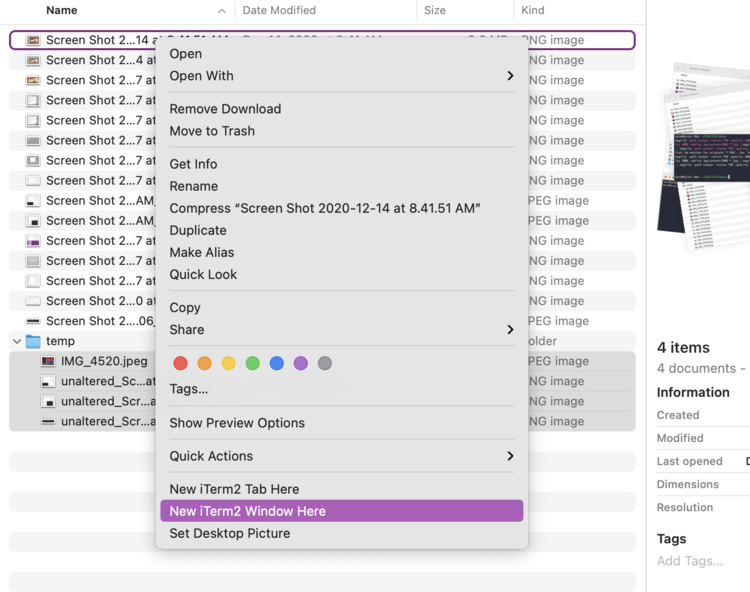Image shows an opened folder on my computer. A single image at the top is highlighted, where I right-clicked, and a menu is now shown descending from it. Near the bottom of the menu a single line is highlighted in purple saying "New iTerm2 Window Here".
