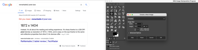 Image shows two screenshots side by side. The left image shows the google search results for "remarkable2 pixel size" along with the top hit from TechRadar. The right image shows an empty Gimp canvas being created with the proper dimensions. 