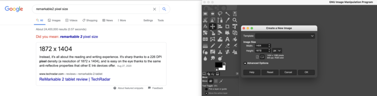 Image shows two screenshots side by side. The left image shows the google search results for "remarkable2 pixel size" along with the top hit from TechRadar. The right image shows an empty Gimp canvas being created with the proper dimensions.