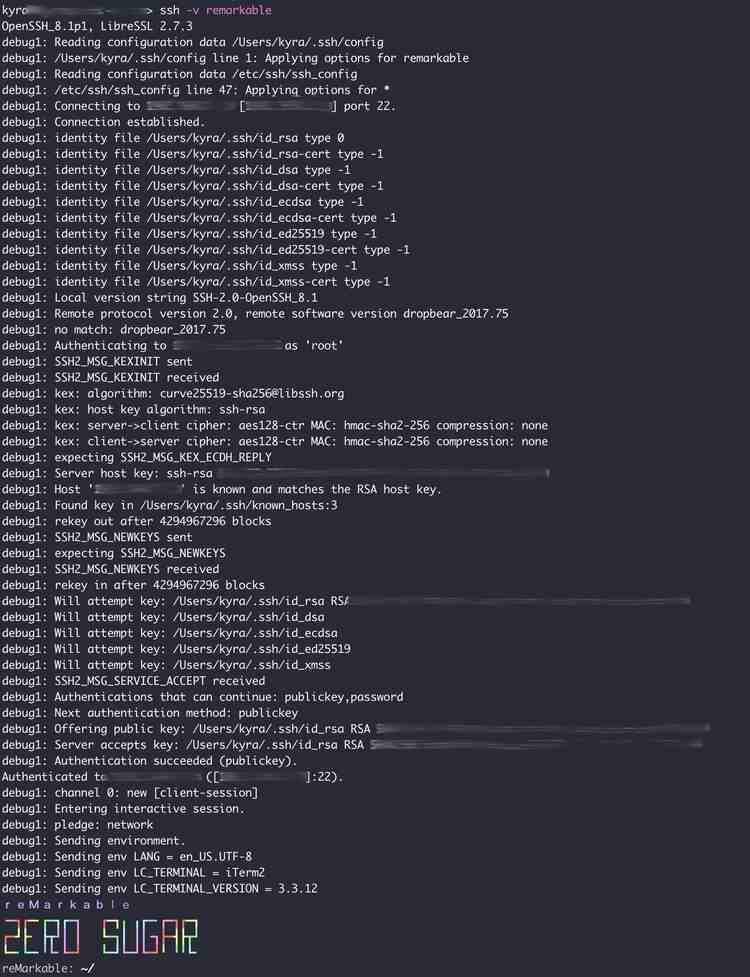 The image shows my ssh statement at the top and the reMarkable interface at the bottom. In the middle are numerous lines explaining connection steps and almost all starting with "debug1:".