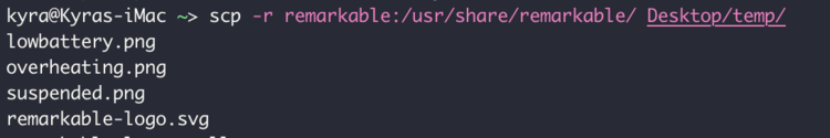 Image shows the command: scp -r remarkable:/usr/share/remarkable/ Desktop/temp/. Below the line are the first four images transferred with the rest out of the screenshot's range. 