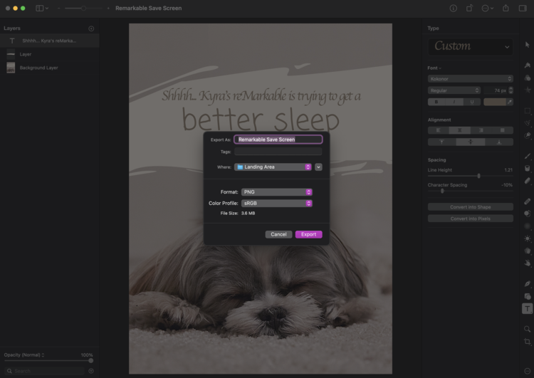 Image shows a dog sleeping with the words "Shhhh... Kyra's reMarkable is trying to get a better sleep" above it. Over top of the image you can see a popup with the image's name, location it's to be saved, and the format (PNG) listed. 