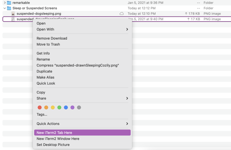 Image shows the right-click menu open with the "New iTerm2 Tab Here" option highlighted in purple. At the top behind the menu you could see the other image and directories. 