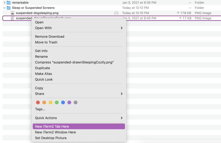 Image shows the right-click menu open with the "New iTerm2 Tab Here" option highlighted in purple. At the top behind the menu you could see the other image and directories.