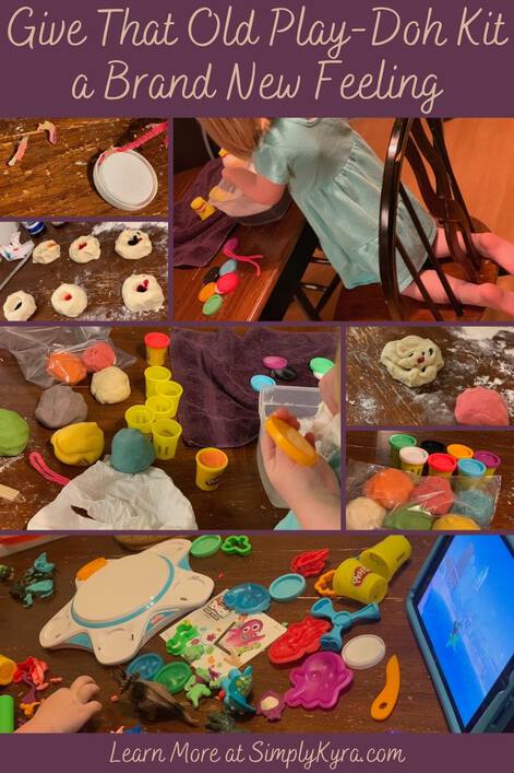 Image to pin this post to Pinterest. The top has the blog title, the bottom has my main URL, and the middle shows a collage of seven images, shown below, showing the process we took to clean the containers, make playdough, and refill the containers. 
