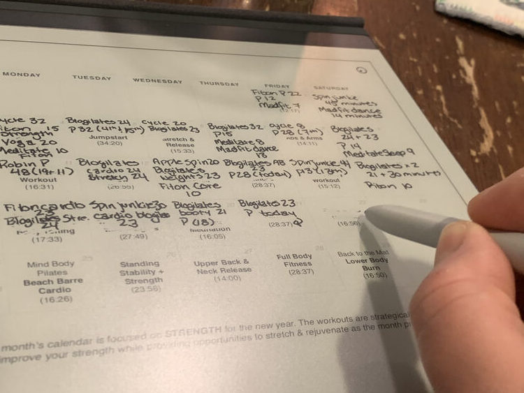 Image shows the January 2021 calendar with the first three weeks partially erased with my black text written over top. My pen is posed over the 22nd as I 'erase' the title of the planned workout so I can write what I did instead.