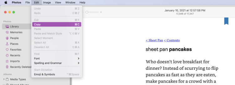 Image shows the screenshot from the cookbook opened on my computer in the Photo app. The Edit menu is opened with the Copy row highlighted. 