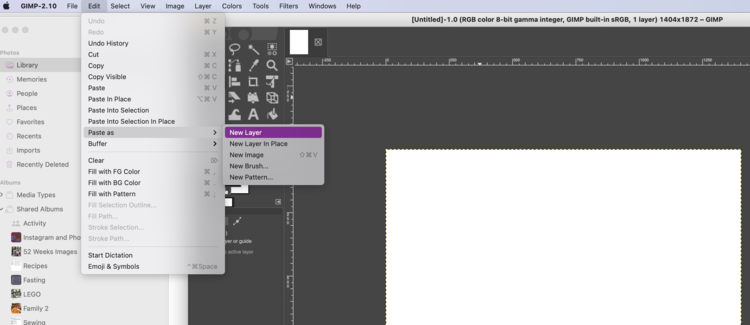 Image shows GIMP opened and me going through the "Edit" menu to "Paste as" to get to "New Layer".