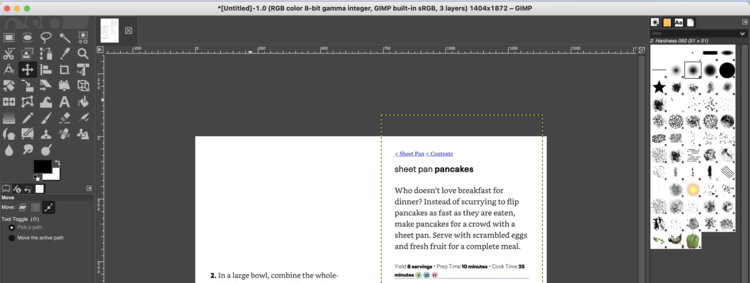 Image shows the white GIMP canvas with words on it. The rightmost image has a dashed line surrounding it to show the size of the layer.