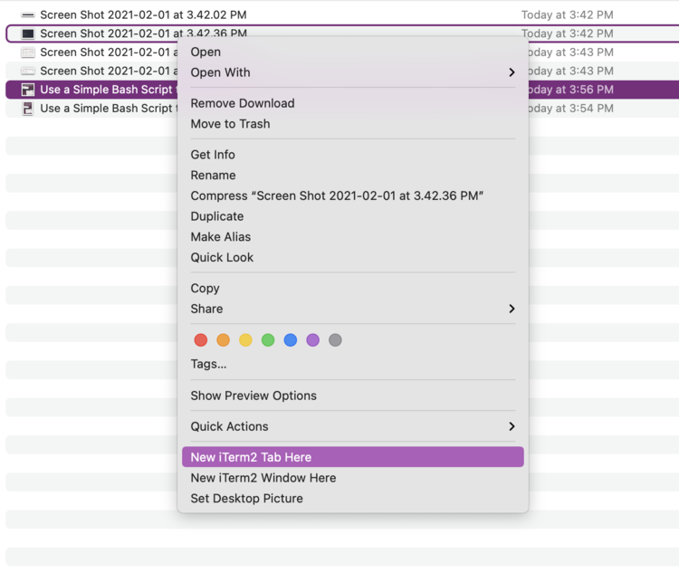 Image shows screenshots in a folder with a menu opened up and the text, near the bottom, highlighted saying "New iTerm2 Tab Here". Below that selection you can see that you can also open a "New iTerm2 Window Here" as well. 
