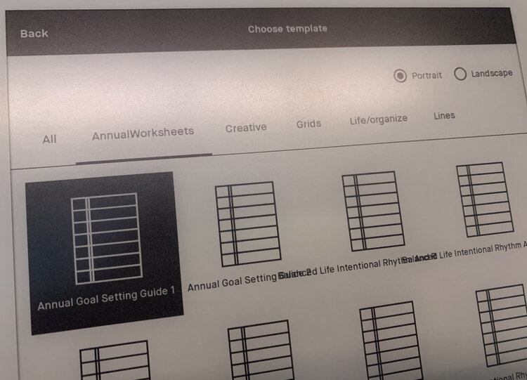 Image shows the templates on my reMarkable2. Across the top you see the following categories: All, AnnualWorksheets, Creative, Grids, Life/organize, and Lines. I have at least two categories not showing up. Additionally some of the templates' names are overlapping and are hard to read. 