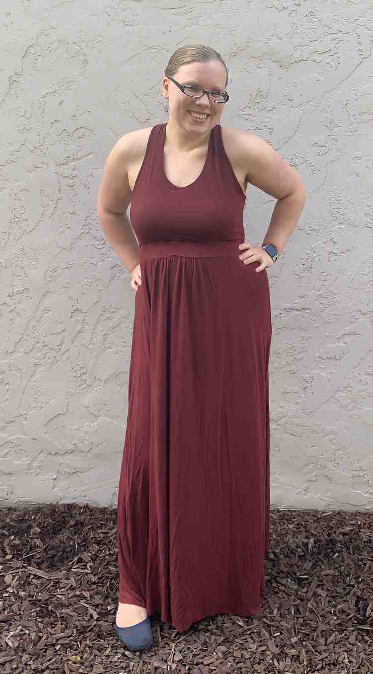 Image shows the front of my double brushed poly Brazi maxi dress. 