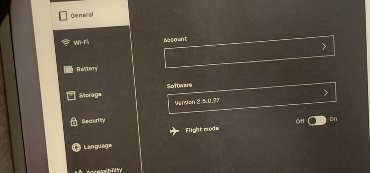 Image shows the General settings featuring the reMarkable's account (hidden here), software version, and switch to turn flight mode on or off. 