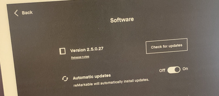 Image shows the information under the Software heading on my reMarkable2 set to version 2.5.0.27.