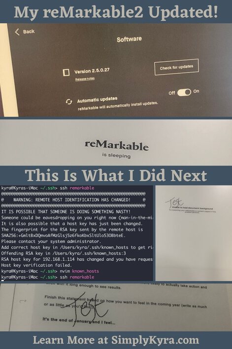 Pinterest-geared image showing that "My reMarkable2 Updated / This is what I Did Next" and my main URL to learn more. The images show the reMarkable section to check for updates, the default sleep screen, the terminal, and my test page showing no template and a working template. 