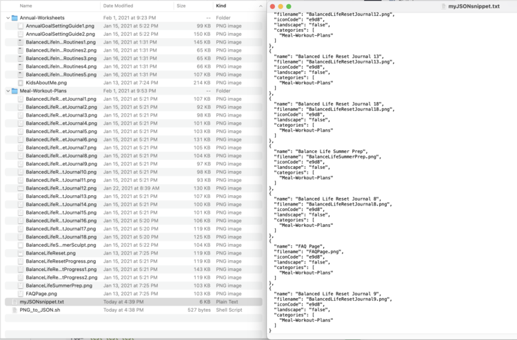 Image shows a file structure on the left with my PNG images. On the right is a section of myJSONsnippet.txt code showing the ordering makes no sense. 