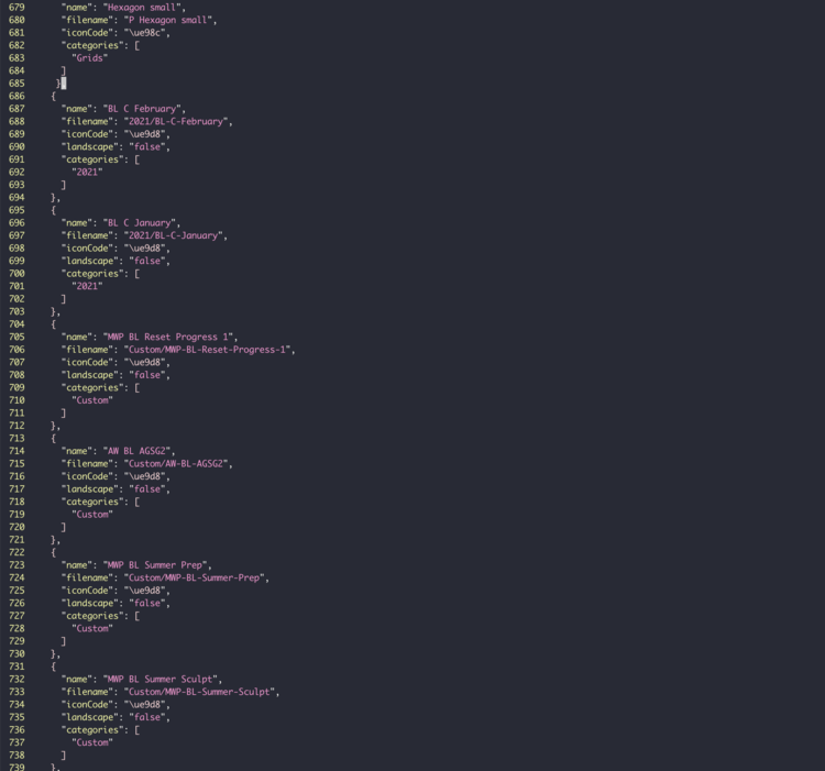 Screenshot of lines 679 to 739 of my templates.json file on my reMarkable. 
