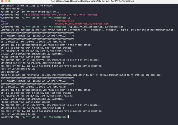Image shows my terminal results after attempting to run the bash script. It starts out with a warning saying "Warning: Remote host identification has changed!".