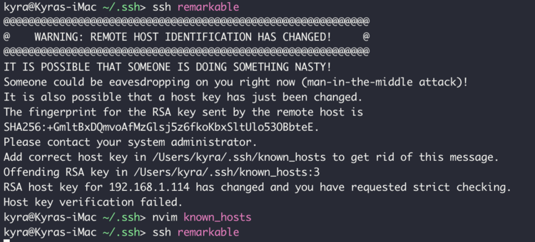 Image shows the terminal message after attempting to SSH into the device. I warns about a potential man in the middle attach and tells me which line to remove from my known_hosts file. 