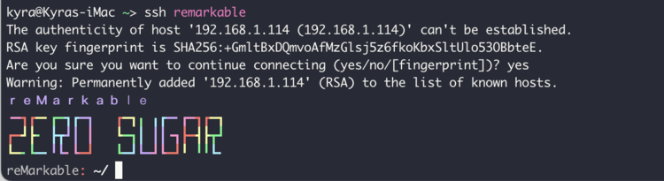 Image shows the result of connecting to your reMarkable after removing the line from your known_hosts file.