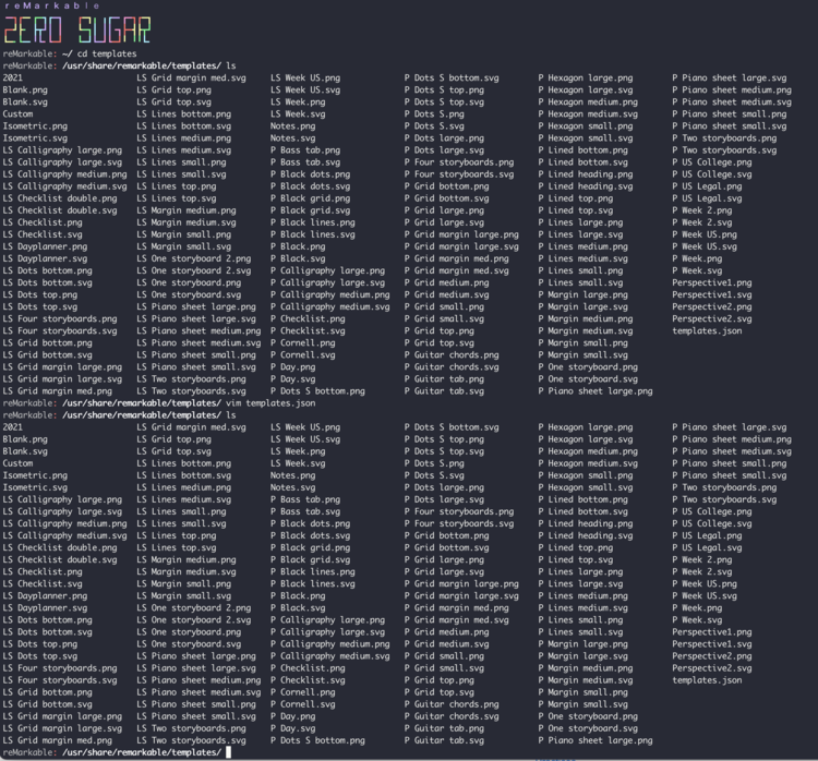 This is a screenshot showing the terminal for my reMarkable2 templates directory and how I navigated in it. 