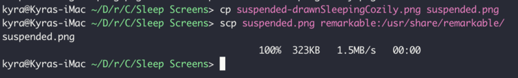 Image shows the terminal output when copying the sleep screen image to my reMarkable. 