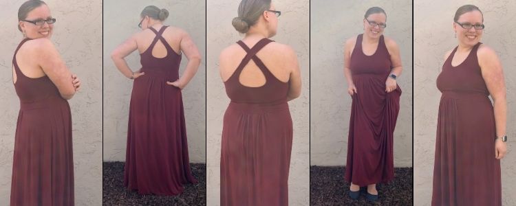A collage of five images, side by side, of my double brushed poly Brazi maxi dress. 