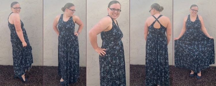 Collage of five views of me wearing the lightweight cotton spandex blend Brazi dress.
